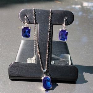 Emerald cut Sapphire necklace and earrings set.